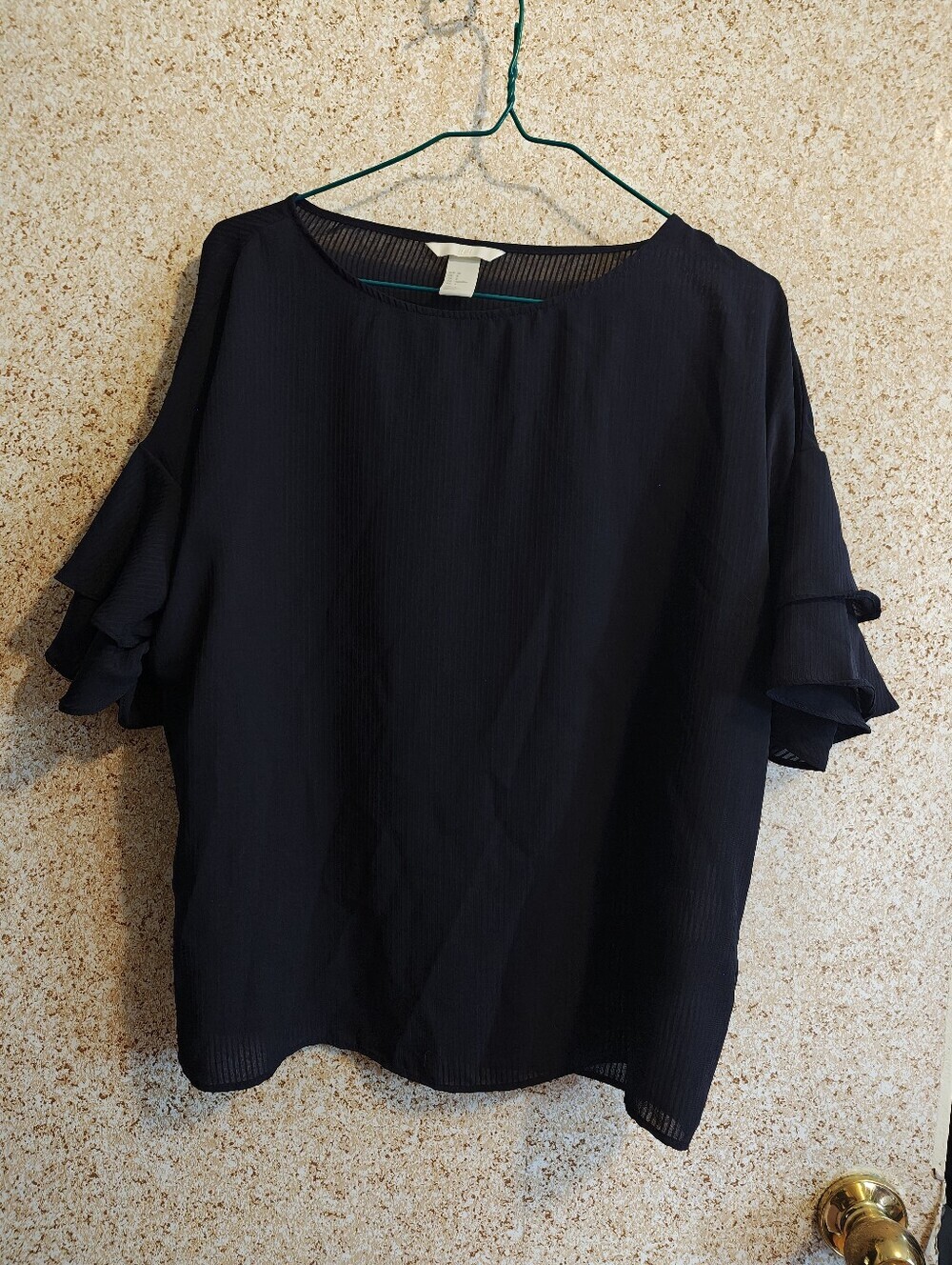 H&M Woven Short Sleeve Ruffle Top - Navy Blue Women 8